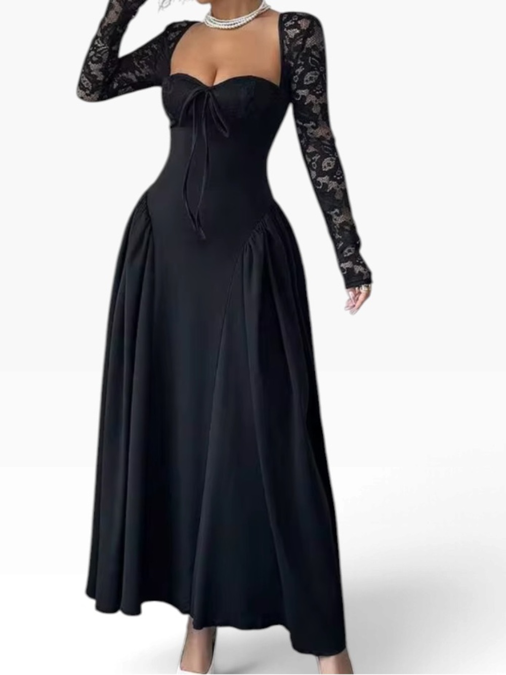 Black Sweetheart Neckline Lace-Sleeve Maxi Dress L